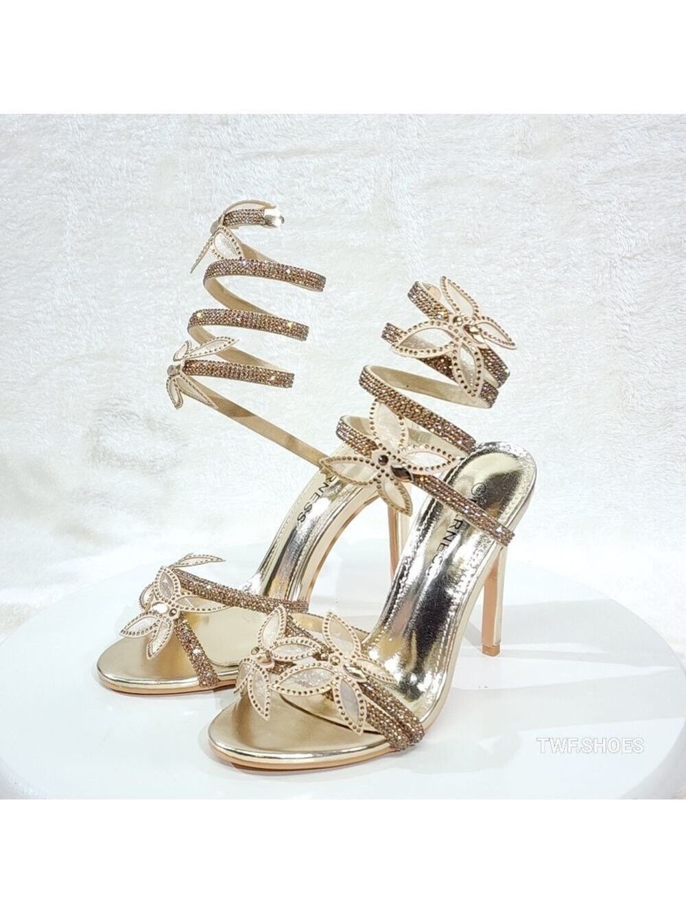 Fly Girl 2 Metallic Gold Upper & Rhinestones Butterfly Wrap Strap High Heels